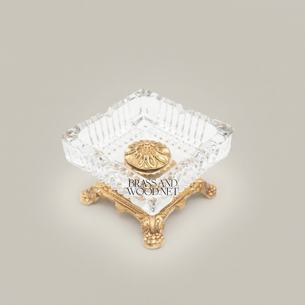 Baroque Crystal & Brass Ashtray on Ornate Footed Base — Antique Gold