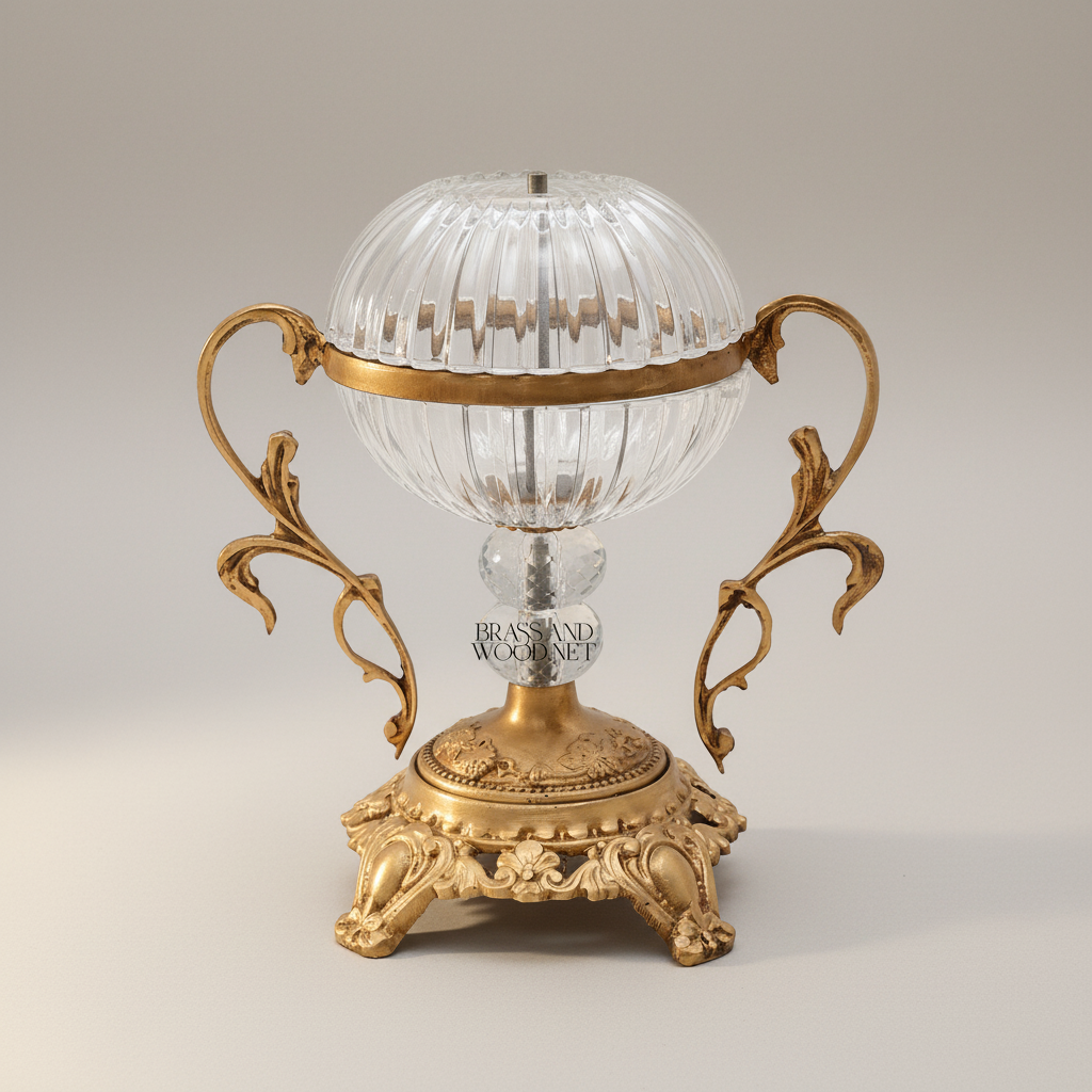 Baroque Crystal & Brass Bonbonniere - Ribbed Globe with Ornate Finial — Antique Gold