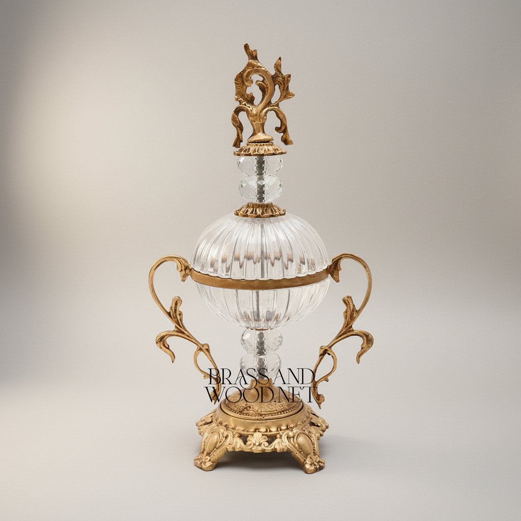 Baroque Crystal & Brass Bonbonniere - Ribbed Globe with Ornate Finial