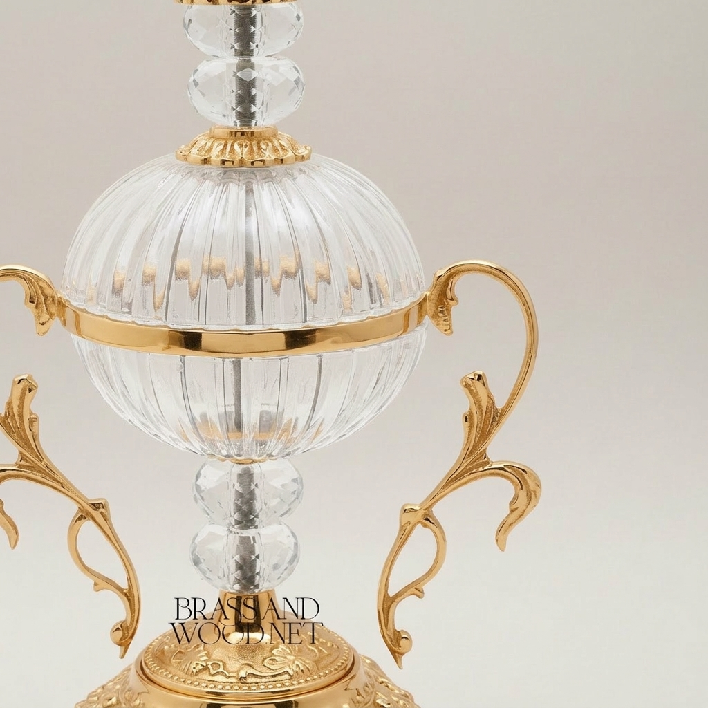 Baroque Crystal & Brass Bonbonniere - Ribbed Globe with Ornate Finial — Gold