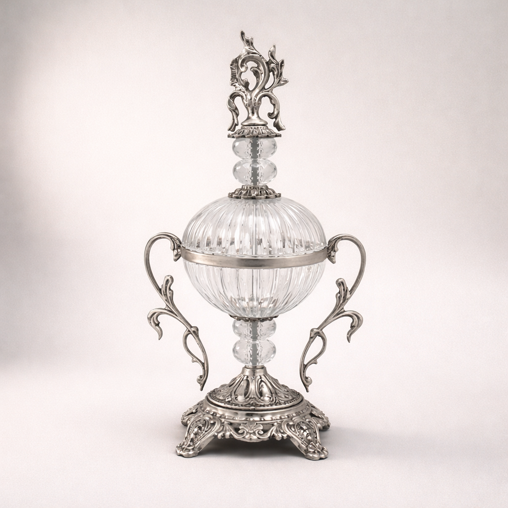 Baroque Crystal & Brass Bonbonniere - Ribbed Globe with Ornate Finial — Silver