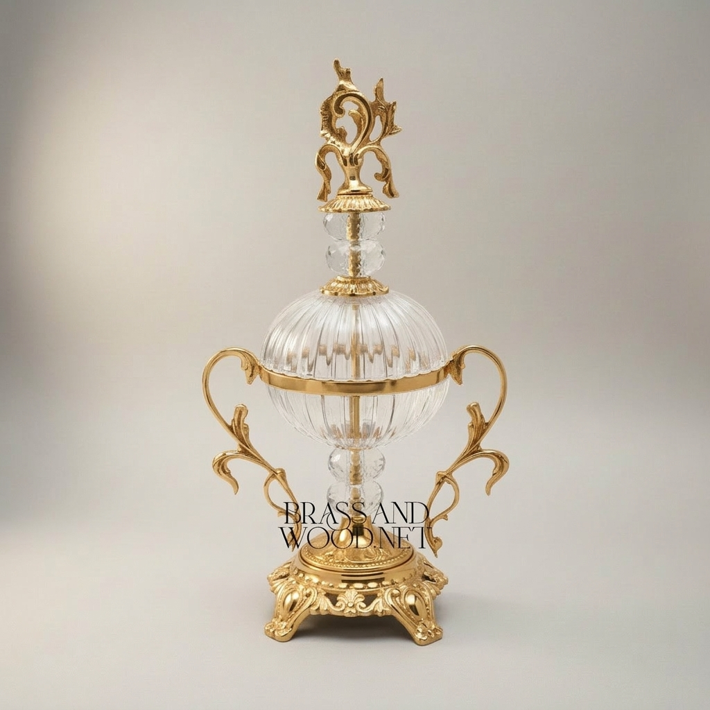 Baroque Crystal & Brass Bonbonniere - Ribbed Globe with Ornate Finial — Gold