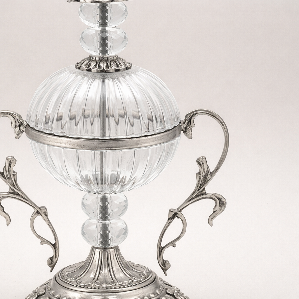 Baroque Crystal & Brass Bonbonniere - Ribbed Globe with Ornate Finial — Silver