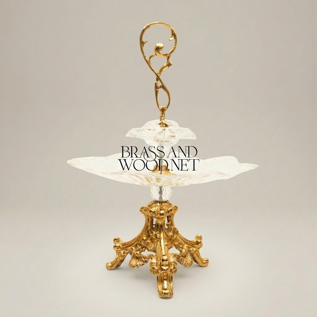 Baroque Crystal & Brass Bonbonniere Stand - Sculptural Foliate Pedestal with Scroll Handle