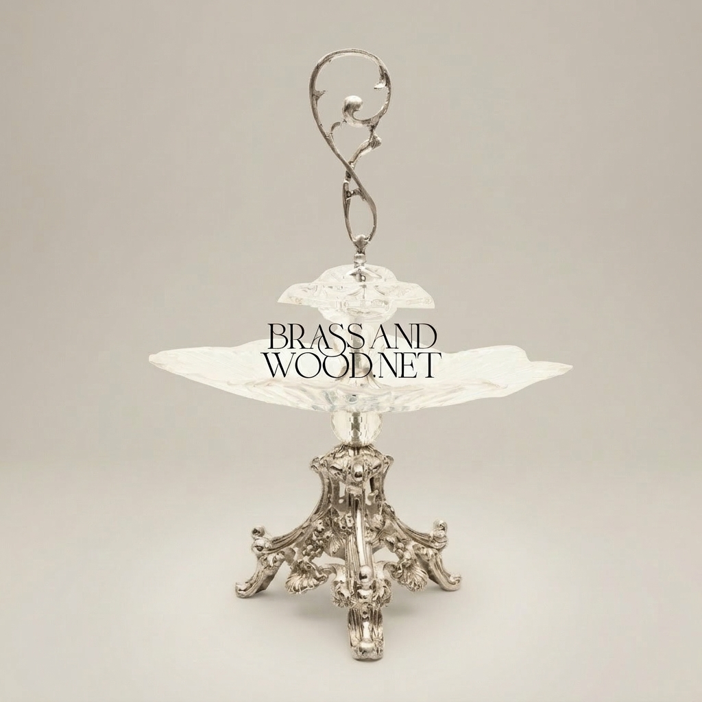 Baroque Crystal & Brass Bonbonniere Stand - Sculptural Foliate Pedestal with Scroll Handle — Silver