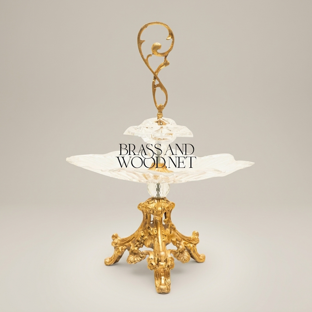 Baroque Crystal & Brass Bonbonniere Stand - Sculptural Foliate Pedestal with Scroll Handle — Antique Gold