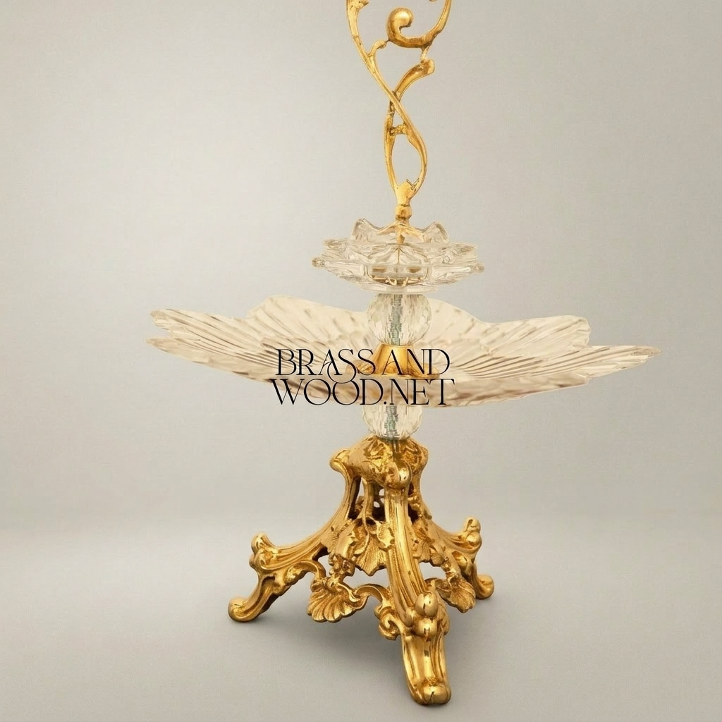 Baroque Crystal & Brass Bonbonniere Stand - Sculptural Foliate Pedestal with Scroll Handle — Gold