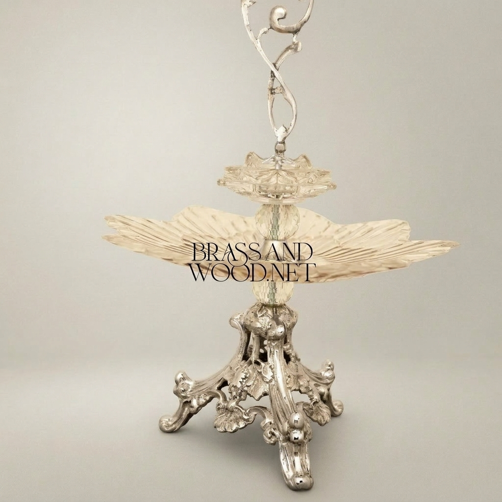 Baroque Crystal & Brass Bonbonniere Stand - Sculptural Foliate Pedestal with Scroll Handle — Silver