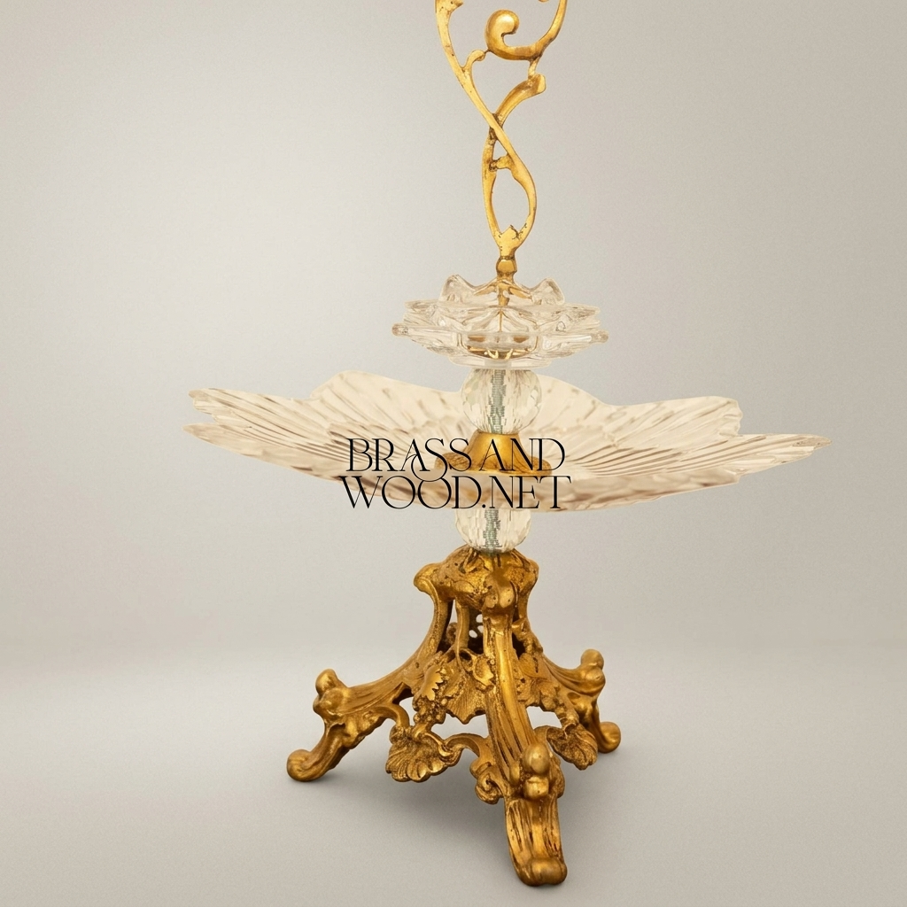 Baroque Crystal & Brass Bonbonniere Stand - Sculptural Foliate Pedestal with Scroll Handle — Antique Gold