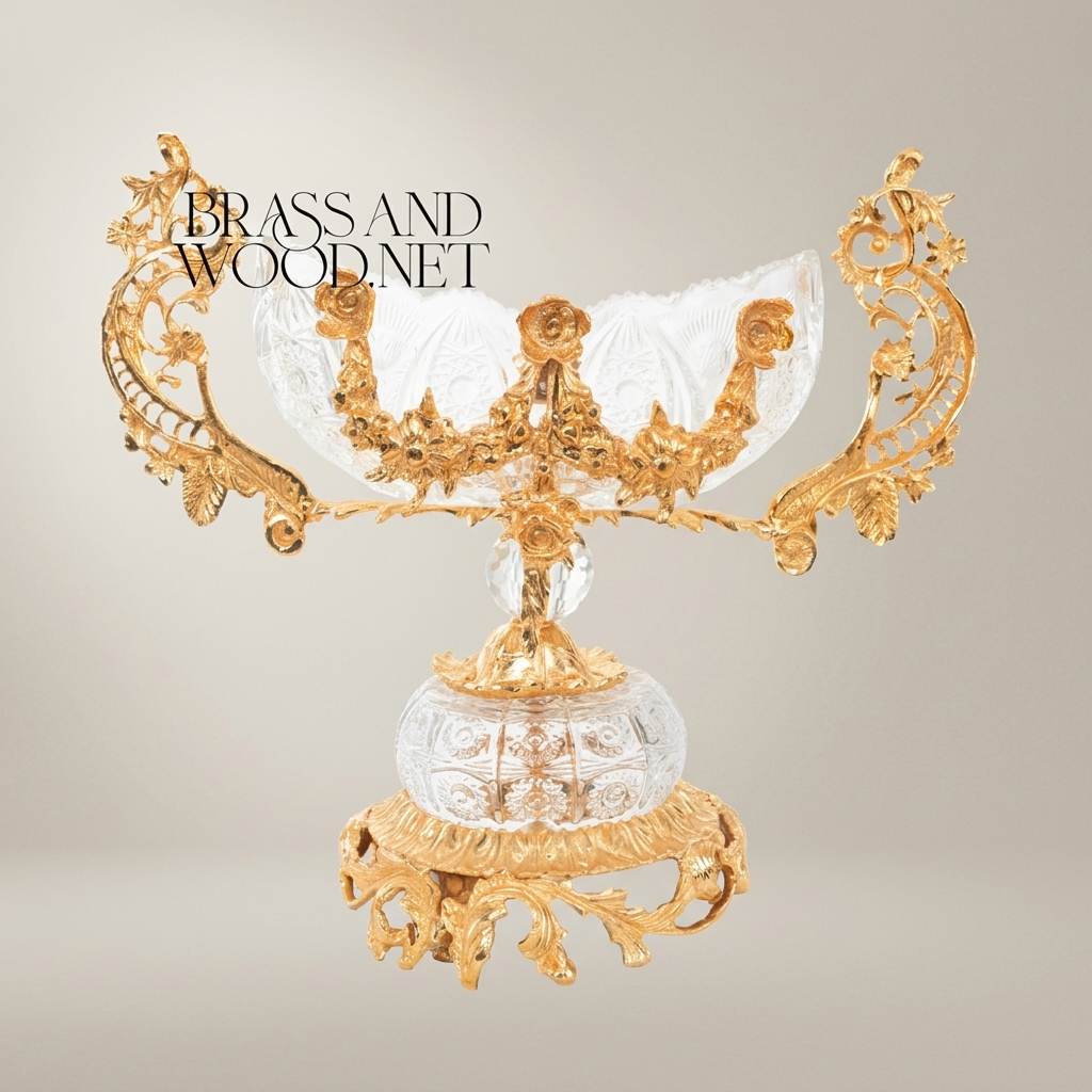 Baroque Crystal & Brass Bonbonniere – Twin-Handle Floral Pedestal Bowl
