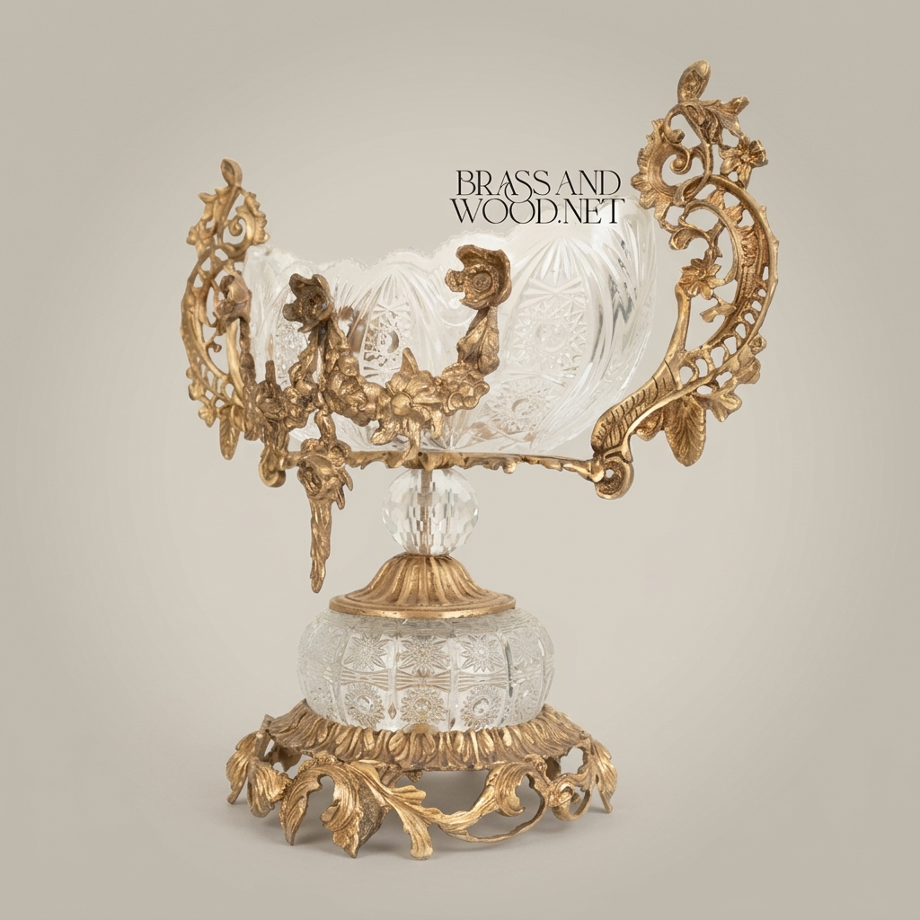 Baroque Crystal & Brass Bonbonniere – Twin-Handle Floral Pedestal Bowl — Antique Gold