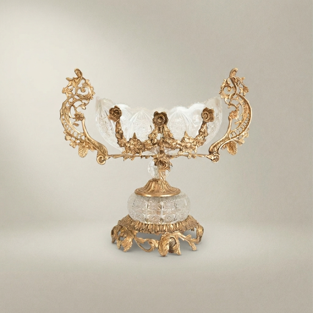 Baroque Crystal & Brass Bonbonniere – Twin-Handle Floral Pedestal Bowl — Antique Gold