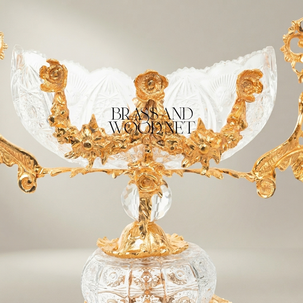 Baroque Crystal & Brass Bonbonniere – Twin-Handle Floral Pedestal Bowl