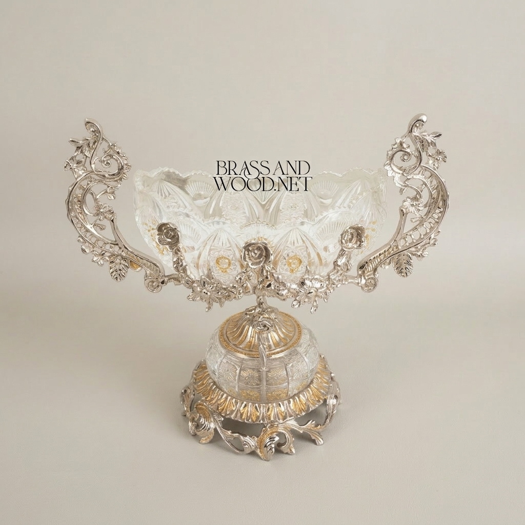 Baroque Crystal & Brass Bonbonniere – Twin-Handle Floral Pedestal Bowl — Silver
