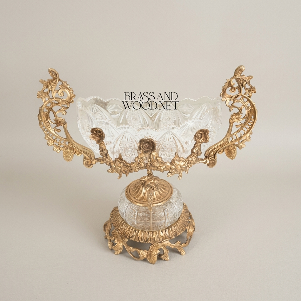 Baroque Crystal & Brass Bonbonniere – Twin-Handle Floral Pedestal Bowl — Antique Gold