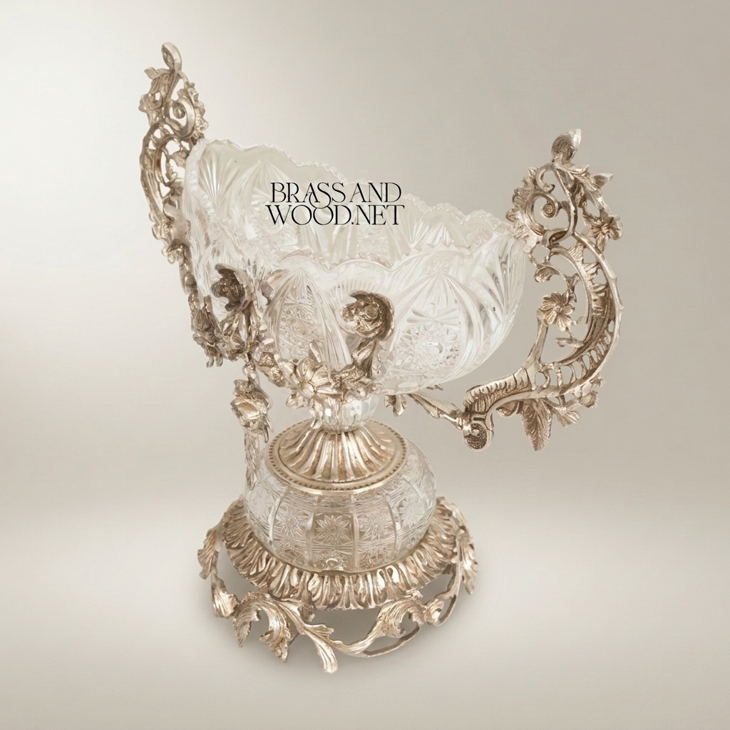 Baroque Crystal & Brass Bonbonniere – Twin-Handle Floral Pedestal Bowl — Silver