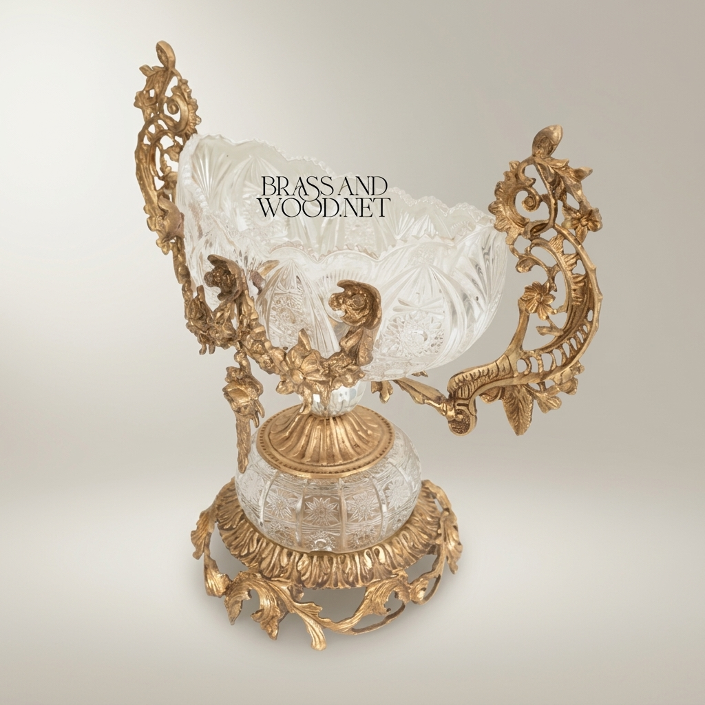 Baroque Crystal & Brass Bonbonniere – Twin-Handle Floral Pedestal Bowl — Antique Gold