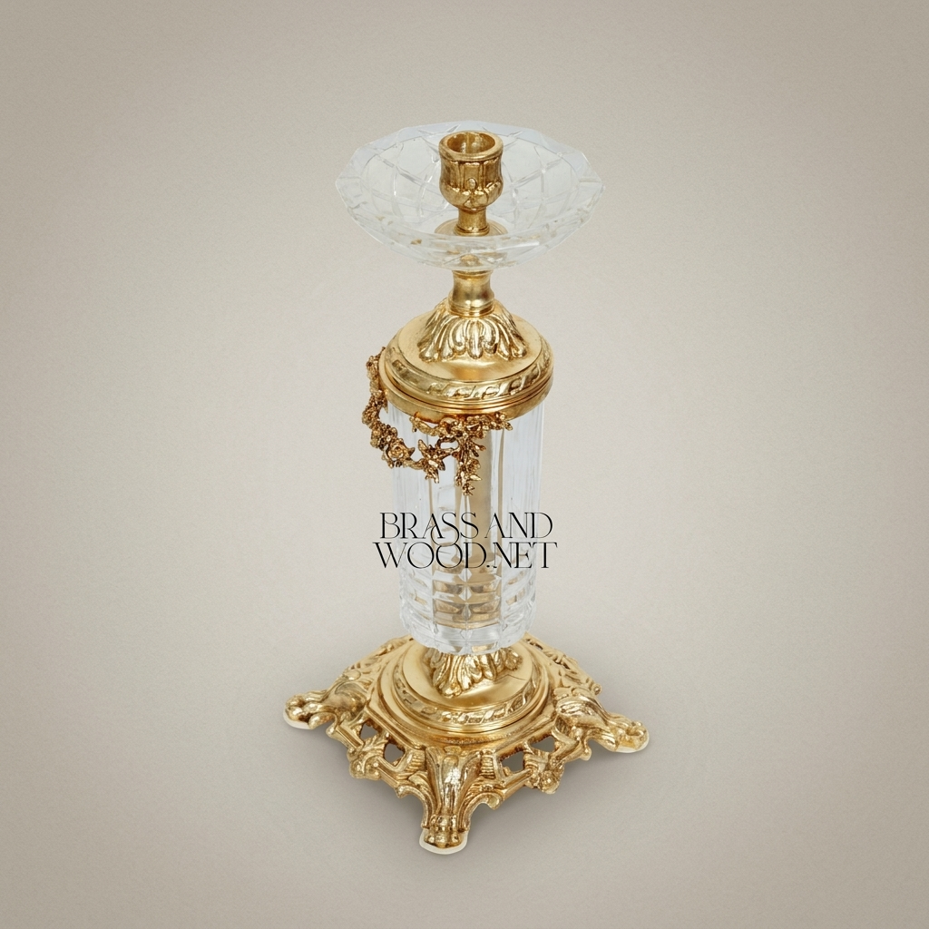 Baroque Crystal & Brass Candlestick with Ornate Scrollwork Base