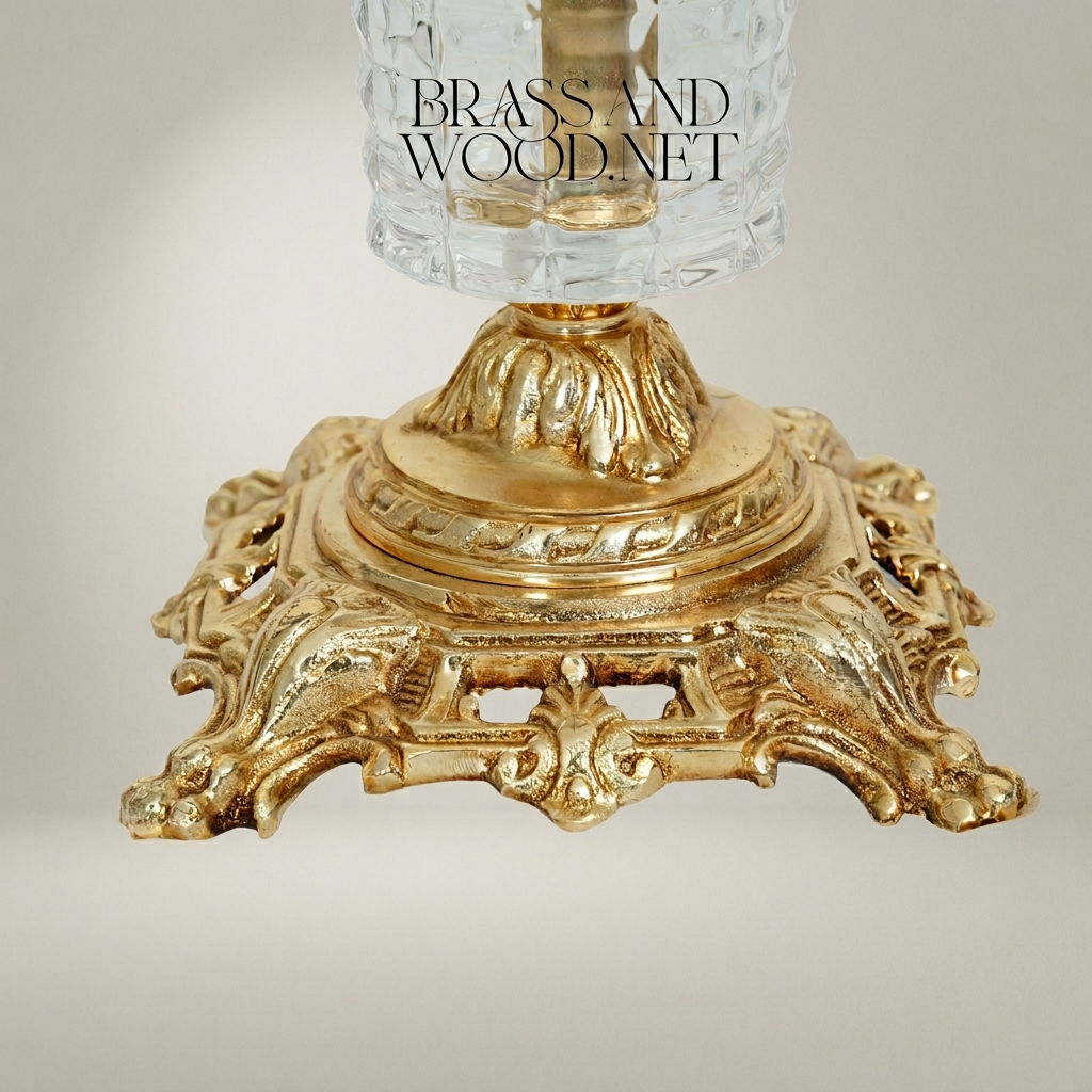 Baroque Crystal & Brass Candlestick with Ornate Scrollwork Base — Gold