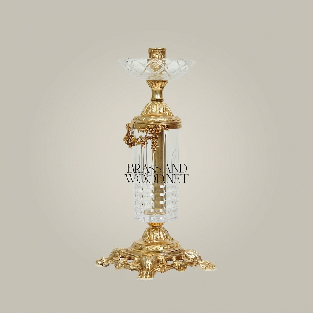 Baroque Crystal & Brass Candlestick with Ornate Scrollwork Base — Gold