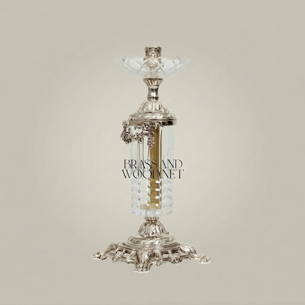 Baroque Crystal & Brass Candlestick with Ornate Scrollwork Base — Silver
