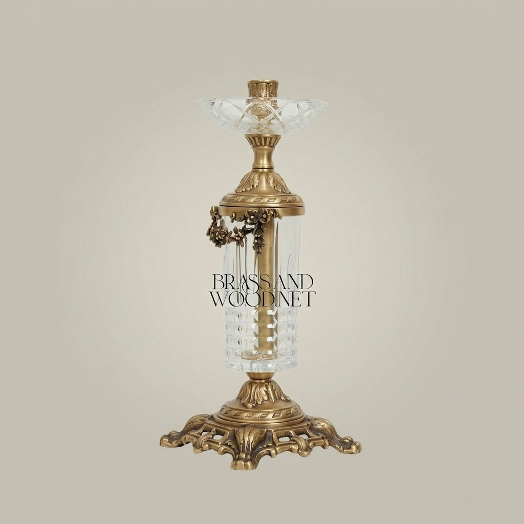 Baroque Crystal & Brass Candlestick with Ornate Scrollwork Base — Antique Gold