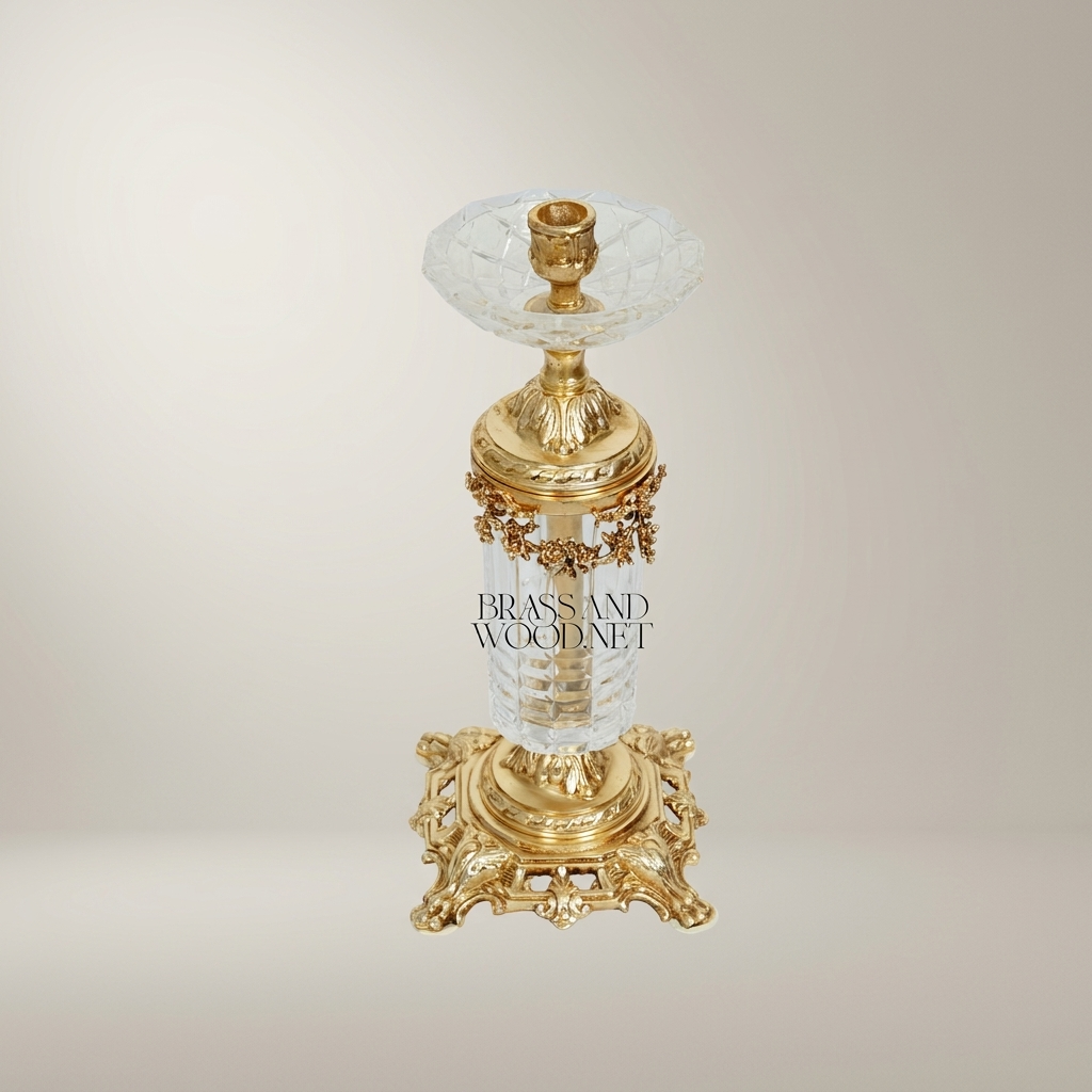 Baroque Crystal & Brass Candlestick with Ornate Scrollwork Base — Gold