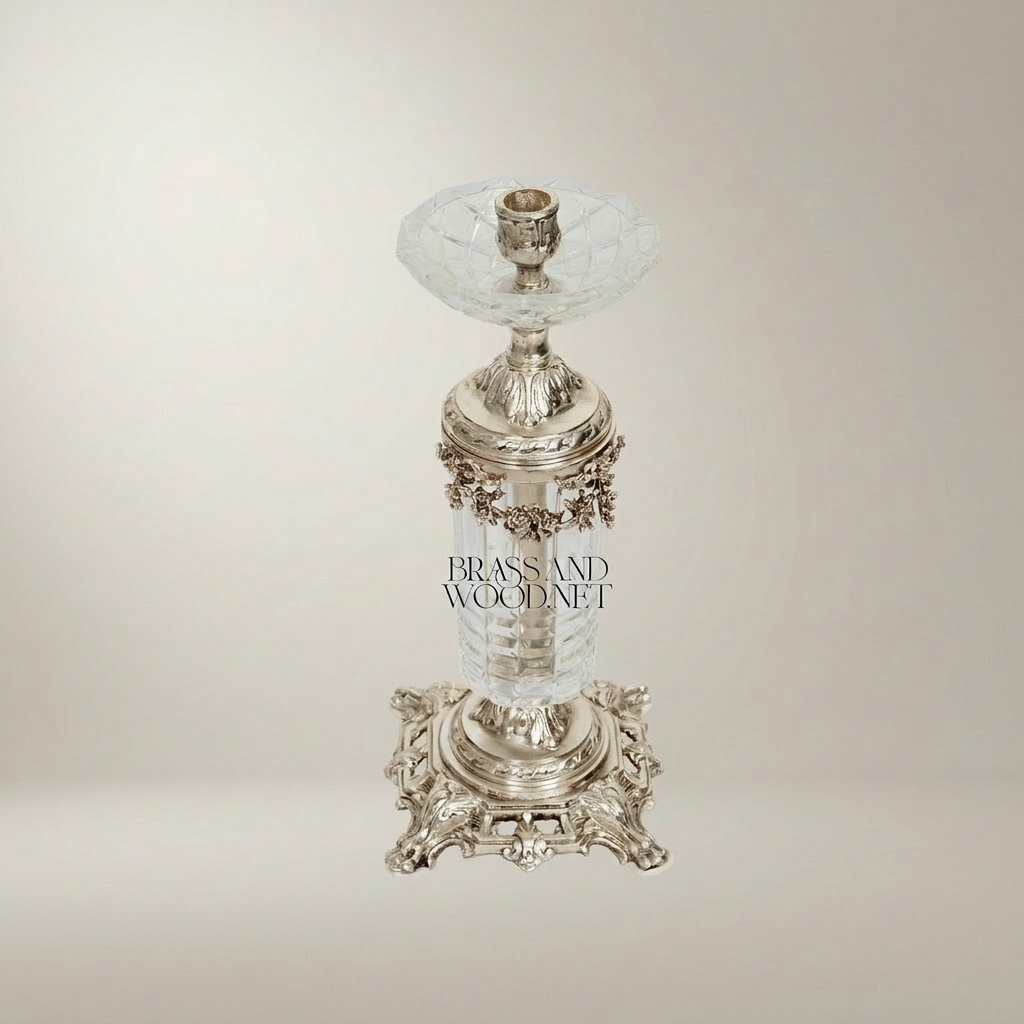 Baroque Crystal & Brass Candlestick with Ornate Scrollwork Base — Silver