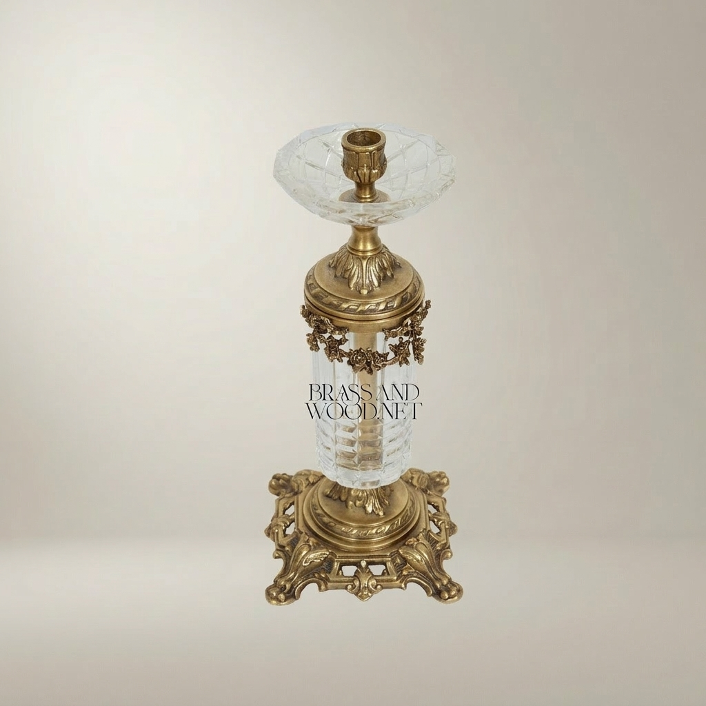 Baroque Crystal & Brass Candlestick with Ornate Scrollwork Base — Antique Gold
