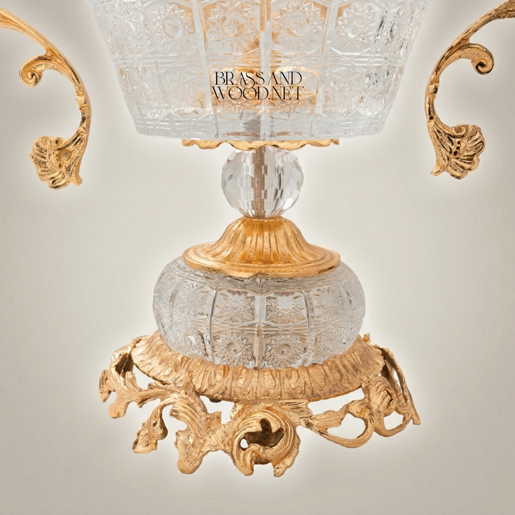 Baroque Crystal & Brass Candy Bowl - Grand Scrollwork Handles & Ornate Pedestal