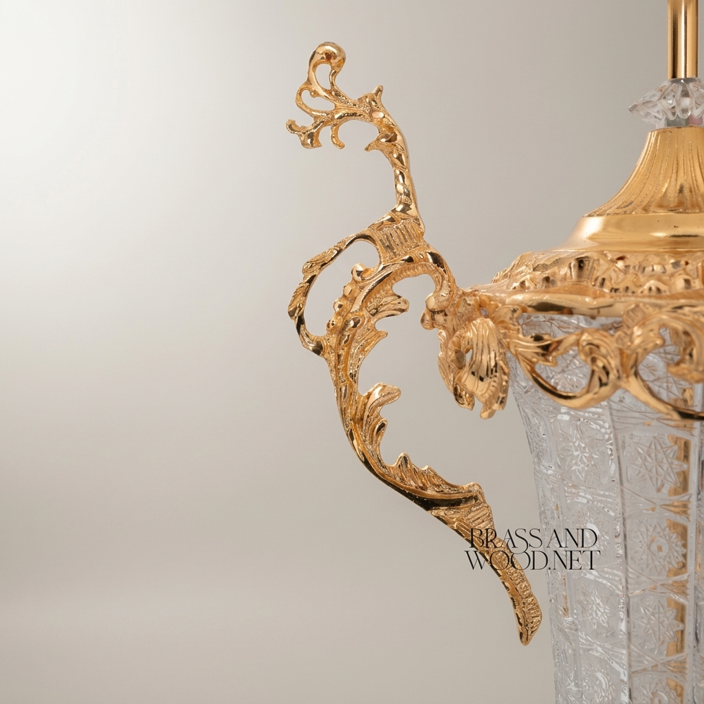 Baroque Crystal & Brass Candy Bowl - Grand Scrollwork Handles & Ornate Pedestal
