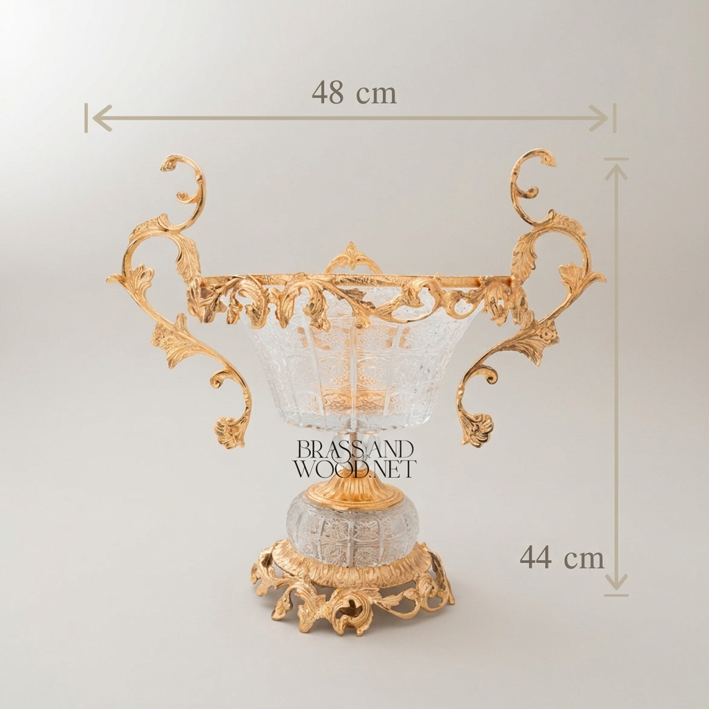 Baroque Crystal & Brass Candy Bowl - Grand Scrollwork Handles & Ornate Pedestal