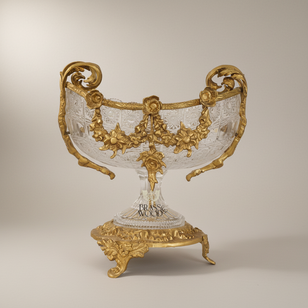 Baroque Crystal & Brass Candy Dish - Floral Garland Footed Centerpiece