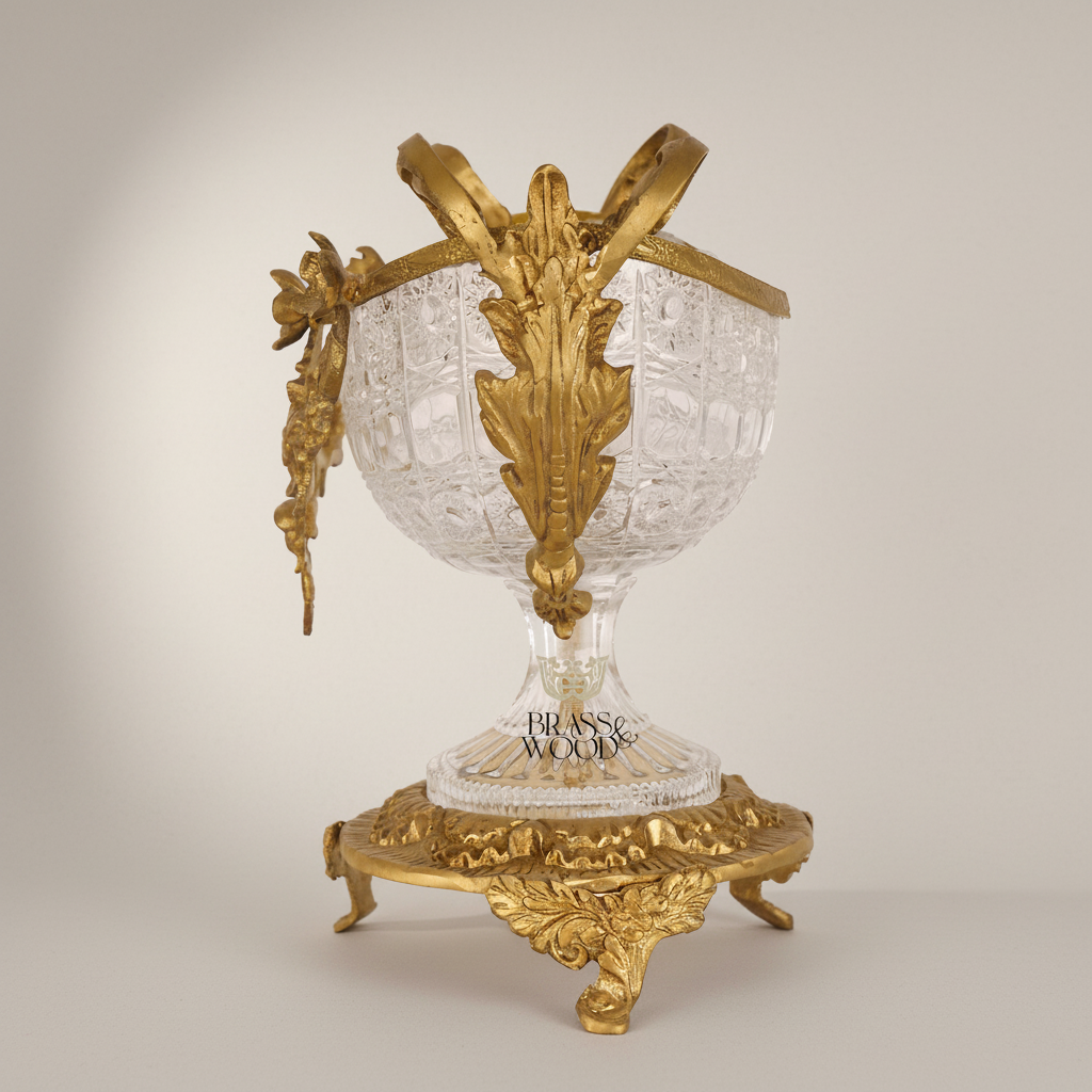 Baroque Crystal & Brass Candy Dish - Floral Garland Footed Centerpiece