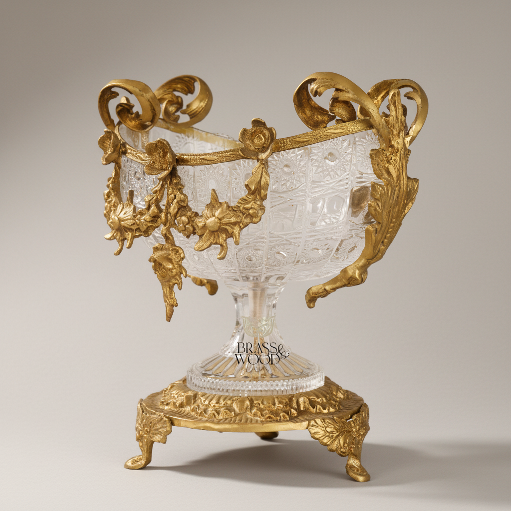 Baroque Crystal & Brass Candy Dish - Floral Garland Footed Centerpiece