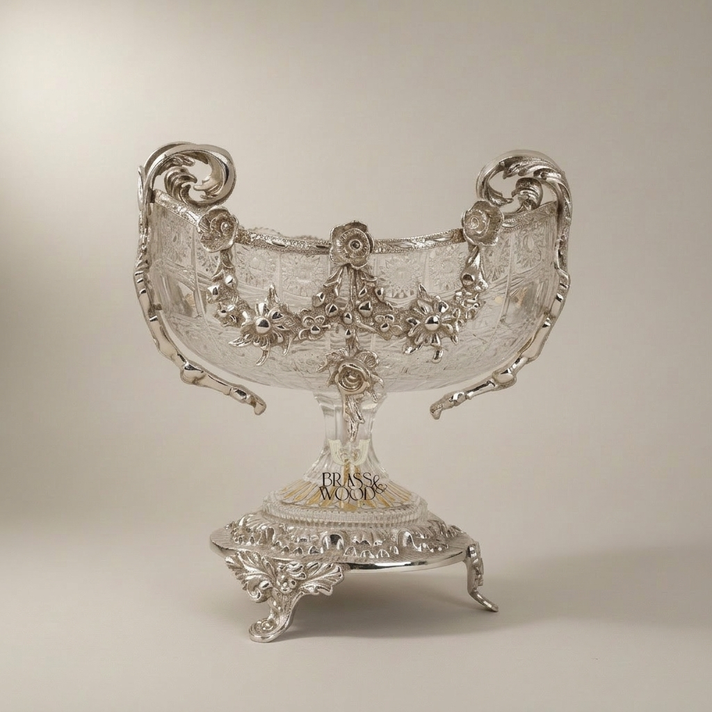 Baroque Crystal & Brass Candy Dish - Floral Garland Footed Centerpiece — Silver