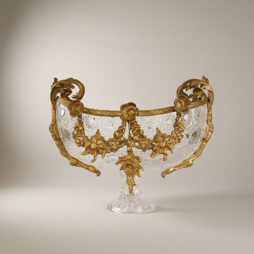 Baroque Crystal & Brass Candy Dish - Floral Garland Footed Centerpiece — Antique Gold