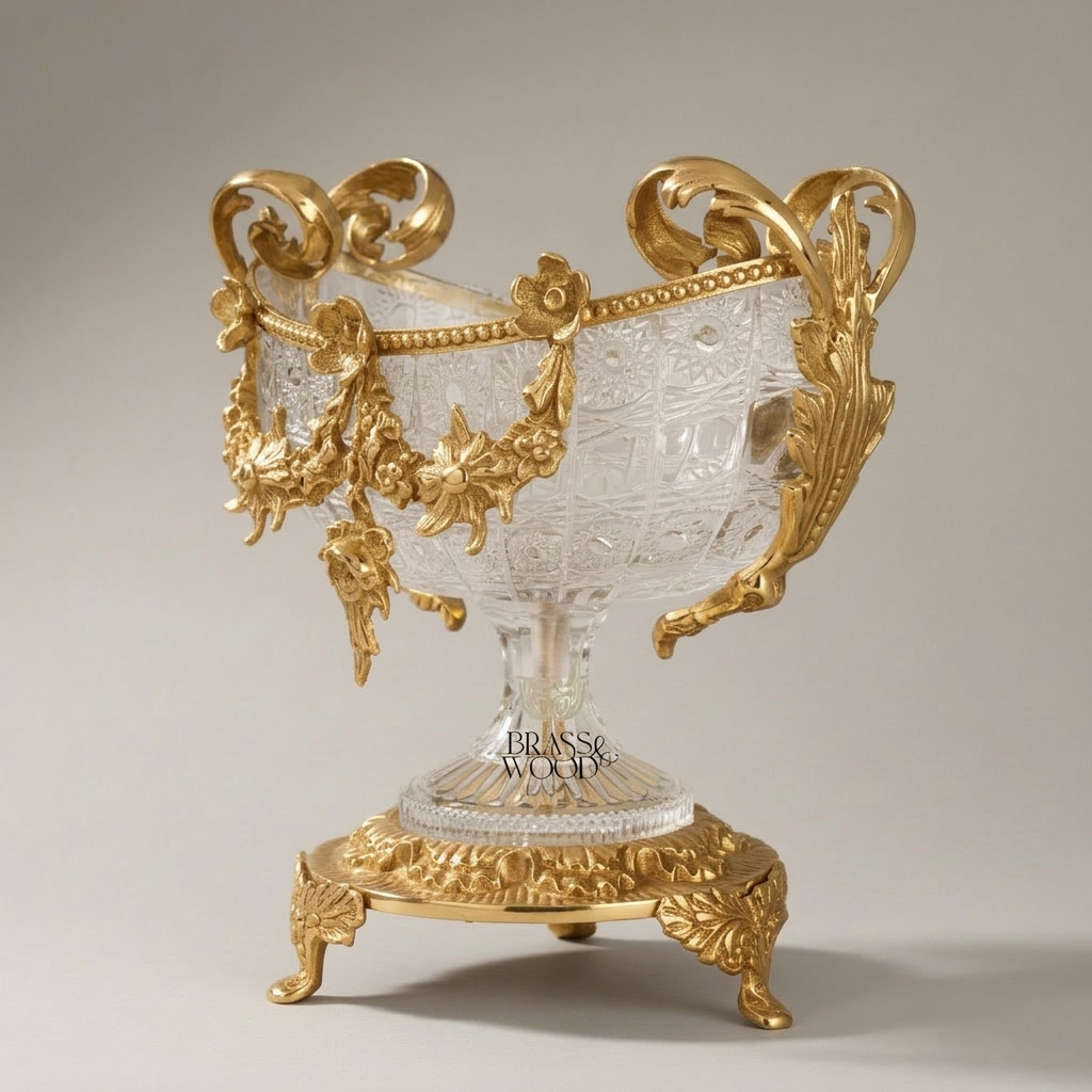 Baroque Crystal & Brass Candy Dish - Floral Garland Footed Centerpiece — Gold