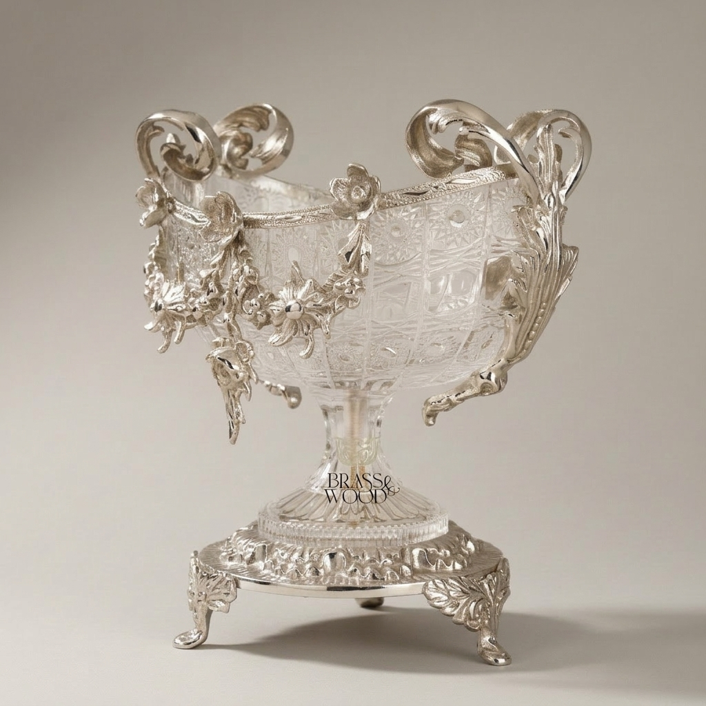 Baroque Crystal & Brass Candy Dish - Floral Garland Footed Centerpiece — Silver