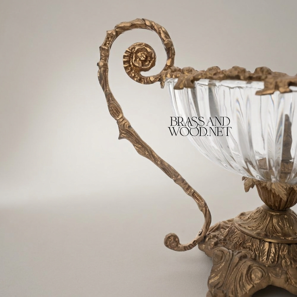 Baroque Crystal & Brass Candy Dish - Scrolled Handle Urn - Antique Gold