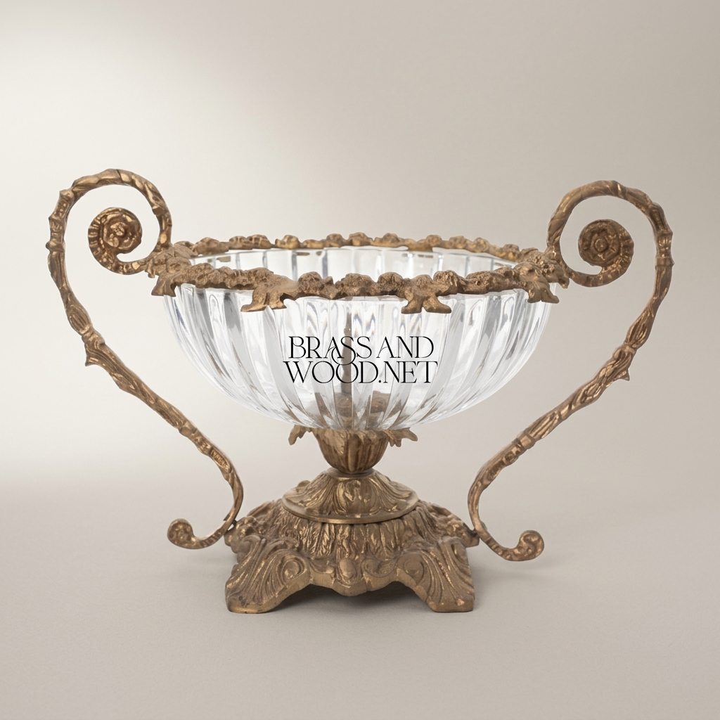 Baroque Crystal & Brass Candy Dish - Scrolled Handle Urn - Antique Gold