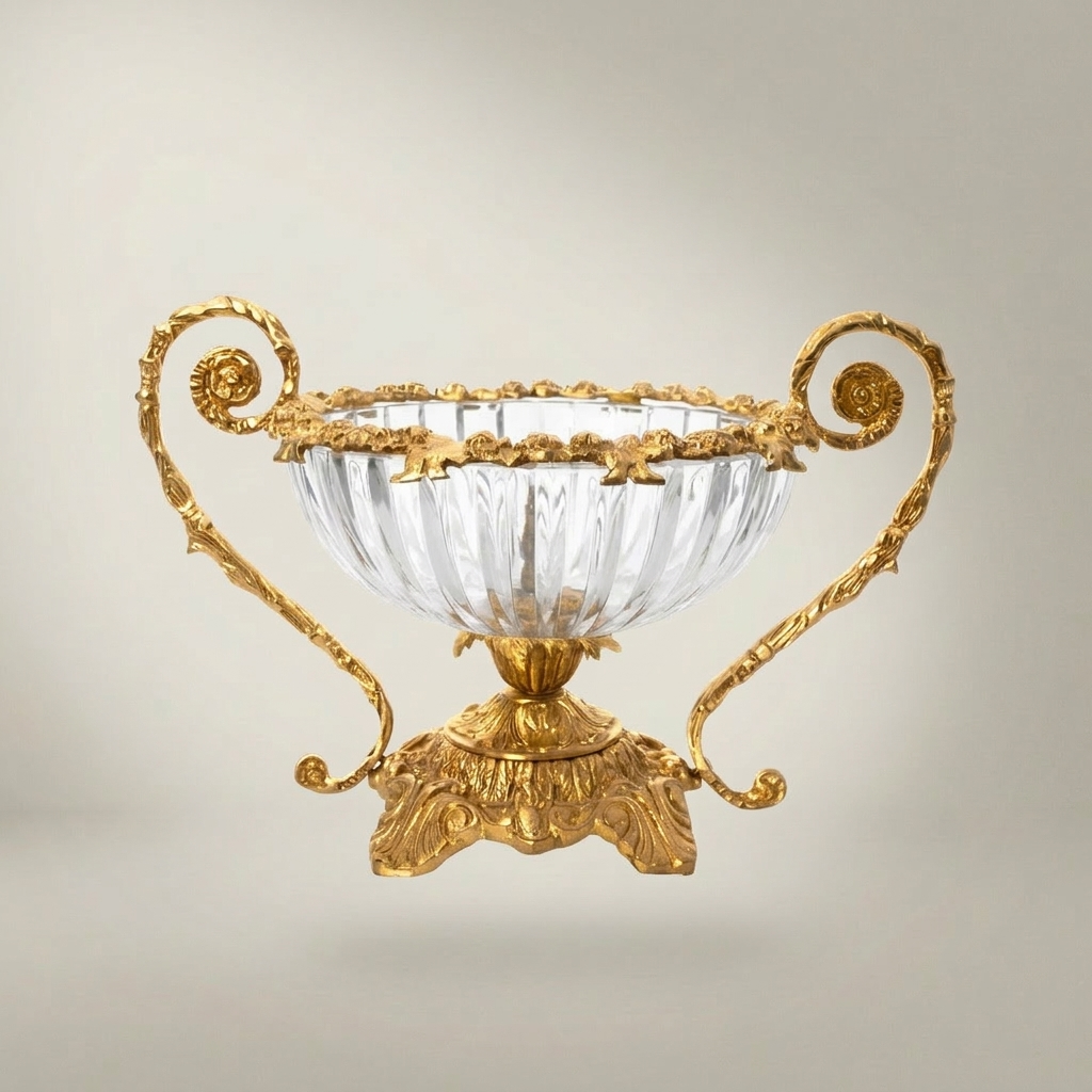 Baroque Crystal & Brass Candy Dish - Scrolled Handle Urn