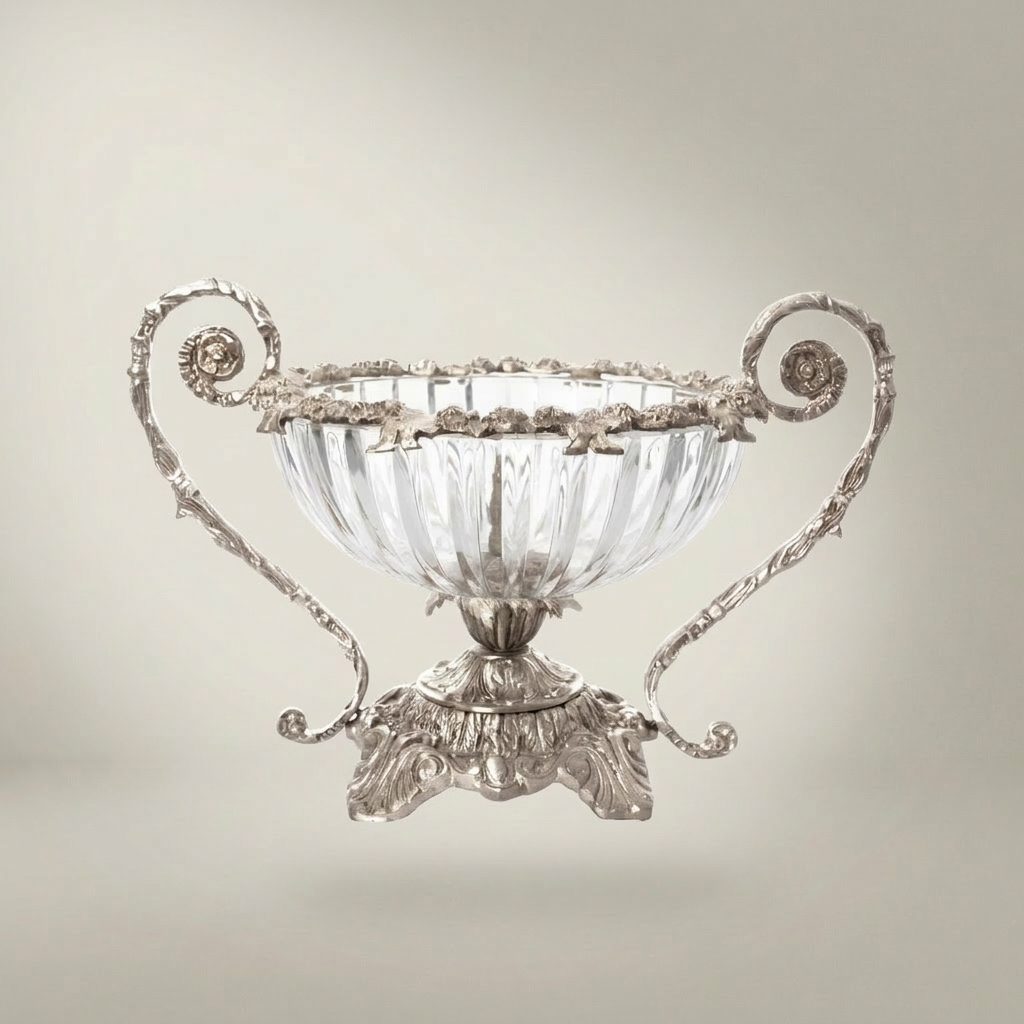 Baroque Crystal & Brass Candy Dish - Scrolled Handle Urn — Silver