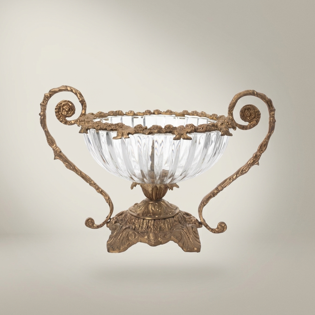 Baroque Crystal & Brass Candy Dish - Scrolled Handle Urn - Antique Gold