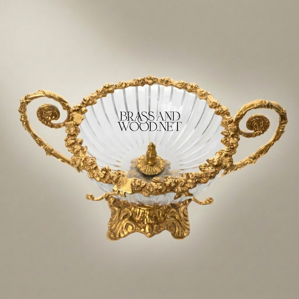 Baroque Crystal & Brass Candy Dish - Scrolled Handle Urn