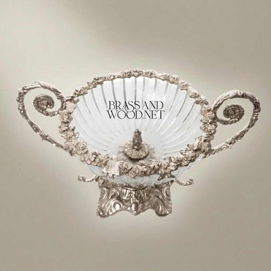 Baroque Crystal & Brass Candy Dish - Scrolled Handle Urn — Silver