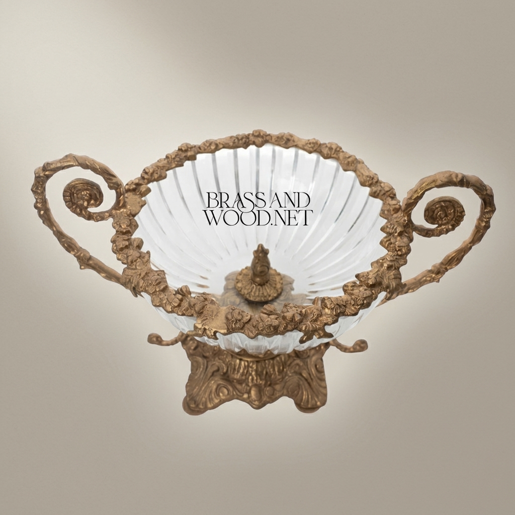 Baroque Crystal & Brass Candy Dish - Scrolled Handle Urn - Antique Gold