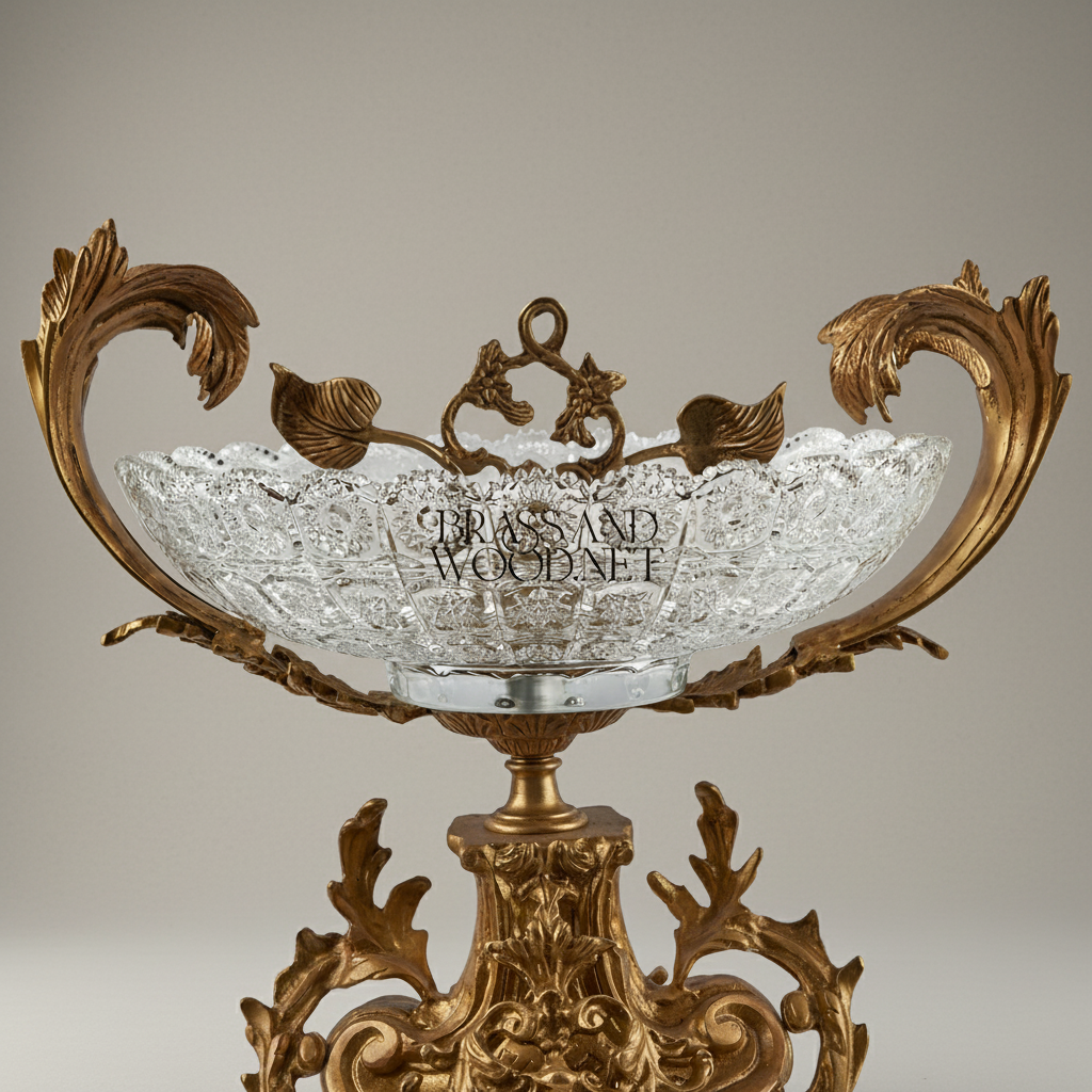 Baroque Crystal & Brass Centerpiece Bowl - Acanthus Leaf Sculpted Pedestal