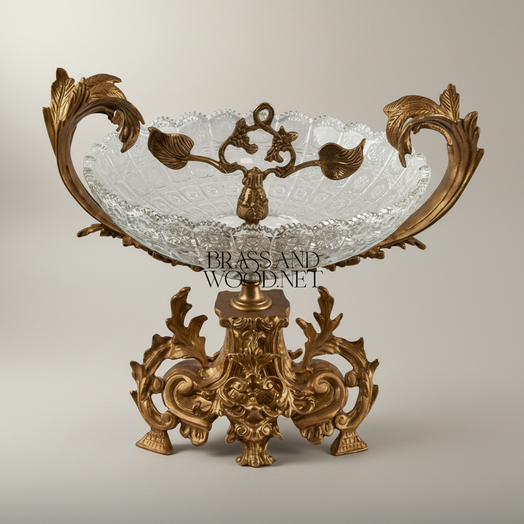 Baroque Crystal & Brass Centerpiece Bowl - Acanthus Leaf Sculpted Pedestal