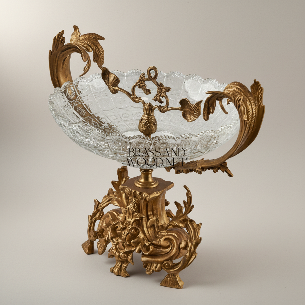 Baroque Crystal & Brass Centerpiece Bowl - Acanthus Leaf Sculpted Pedestal